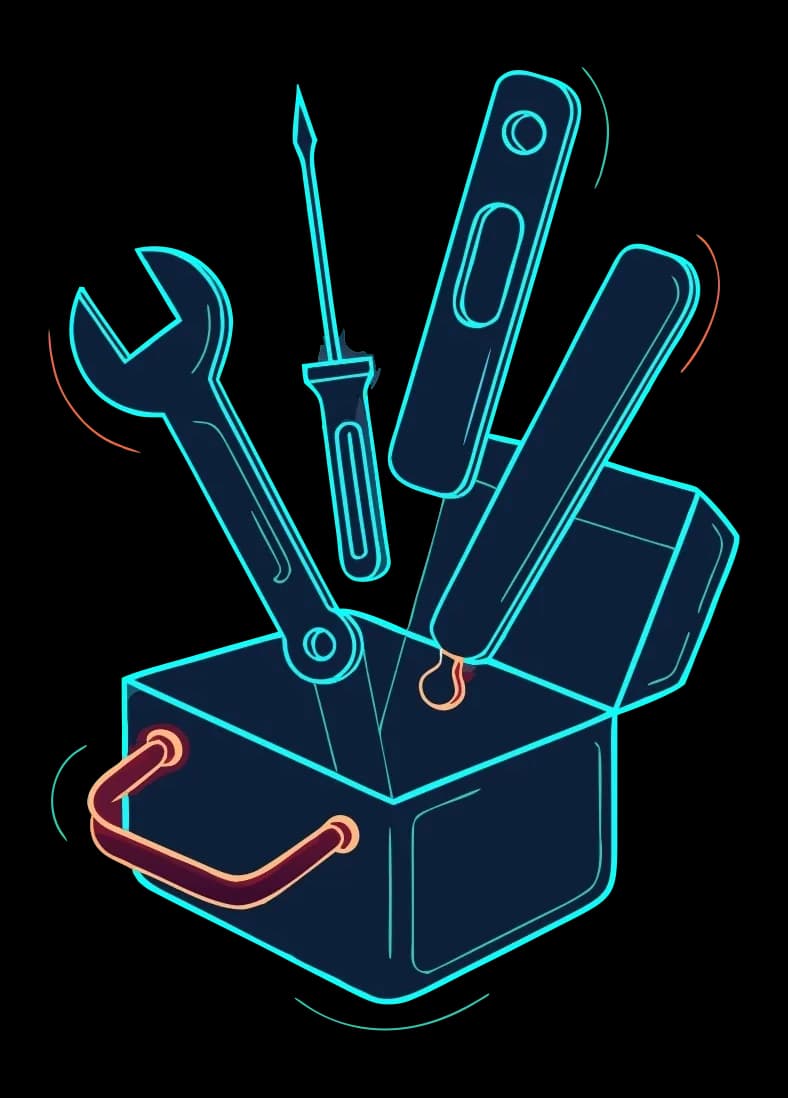 A glowing line-art toolbox with a wrench, screwdriver and levels bursting out of it — representing Tradesppl's free trade calculators and tools